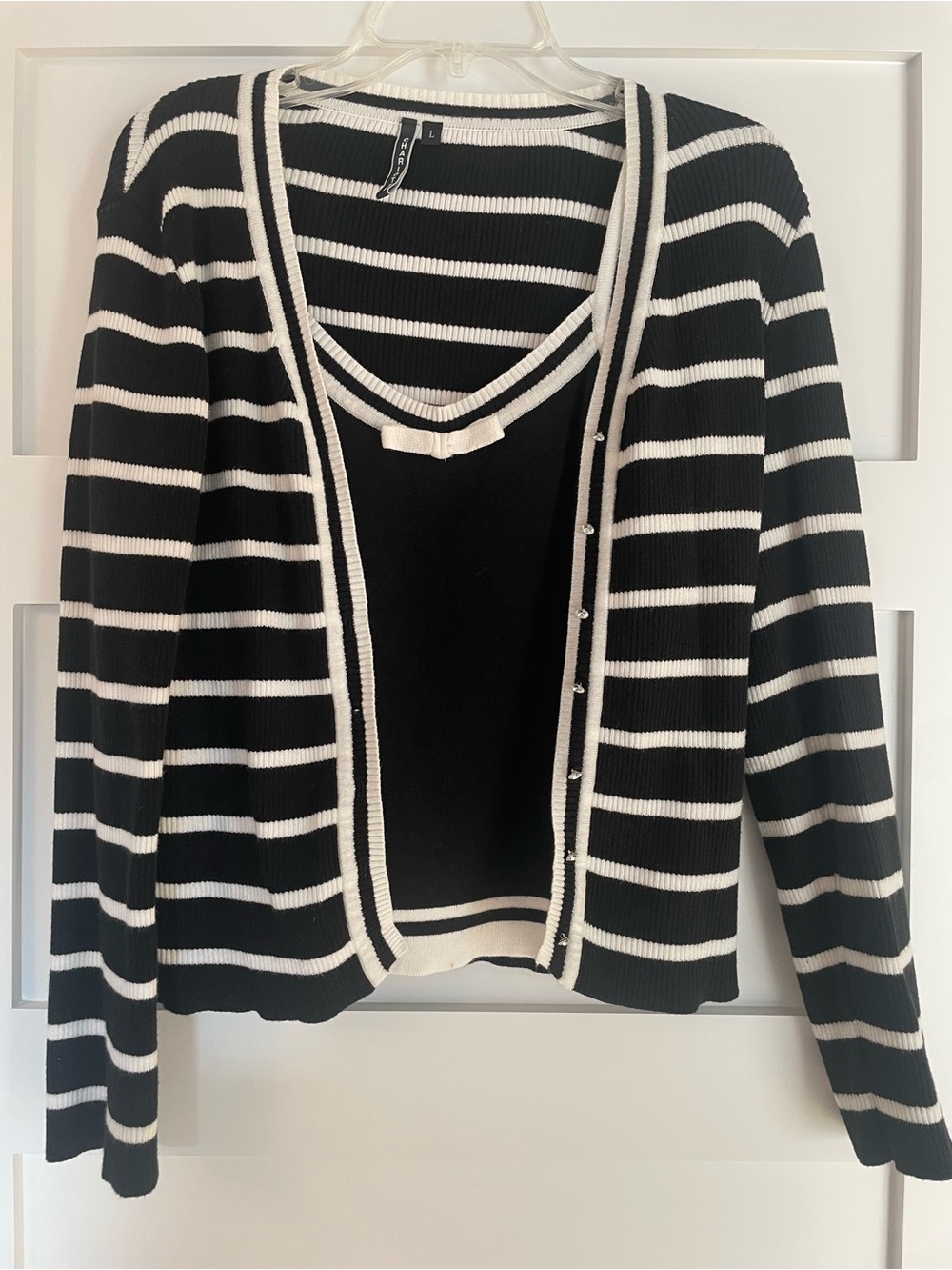 Charlotte Tarantola Black and White Striped Sweater Cardigan and Tank Set